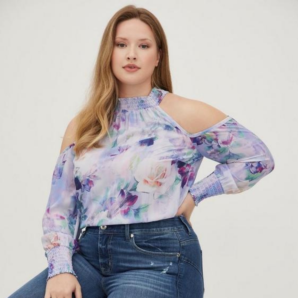 Torrid Cold Shoulder High Neck Georgette Floral Blue Watercolor Blouse 4…